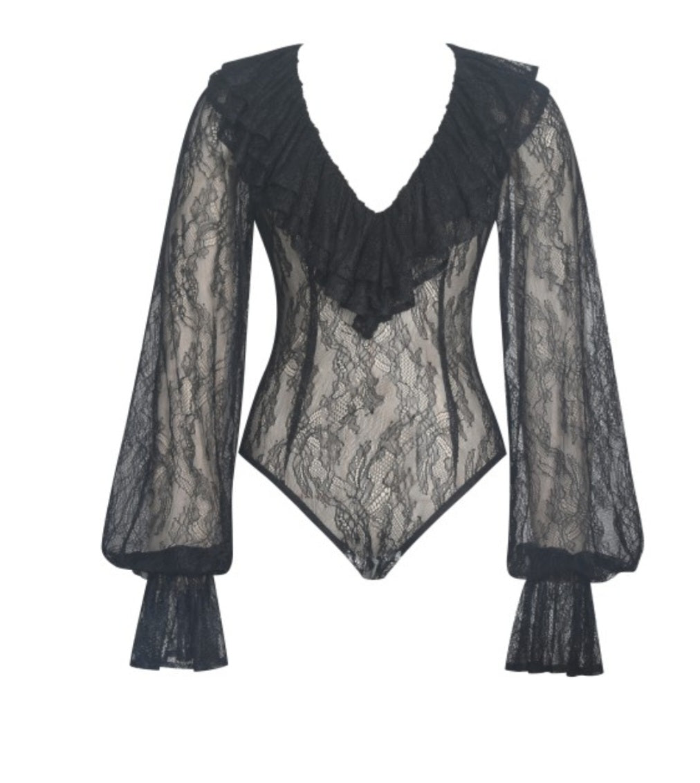 MISS CIRCLE TALIAH SHEER LACE RUFFLE COLLAR BODYSUIT