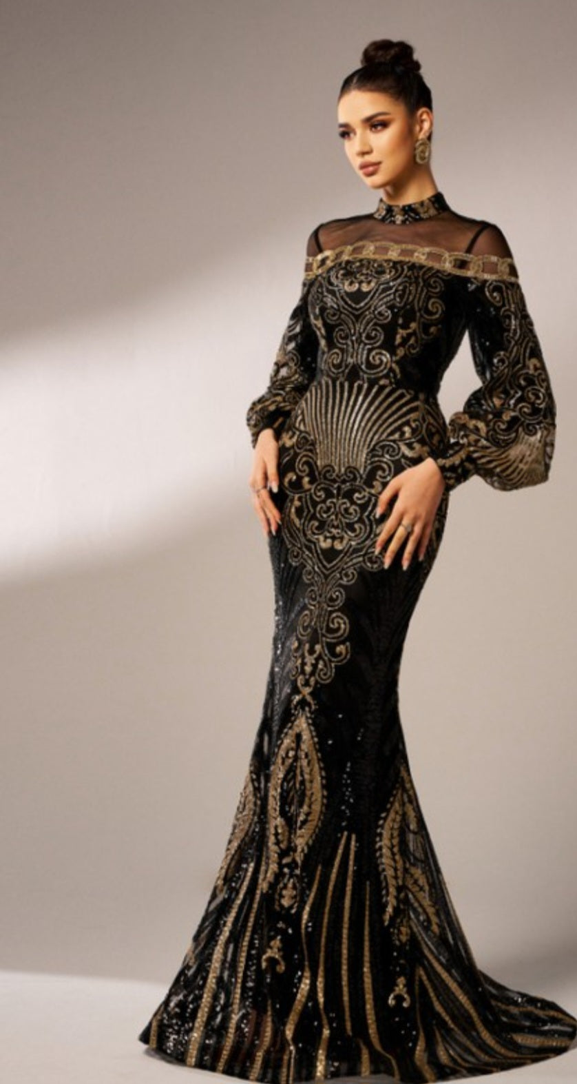 LONG SLEEVE MOCK NECK SEQUIN GOWN
