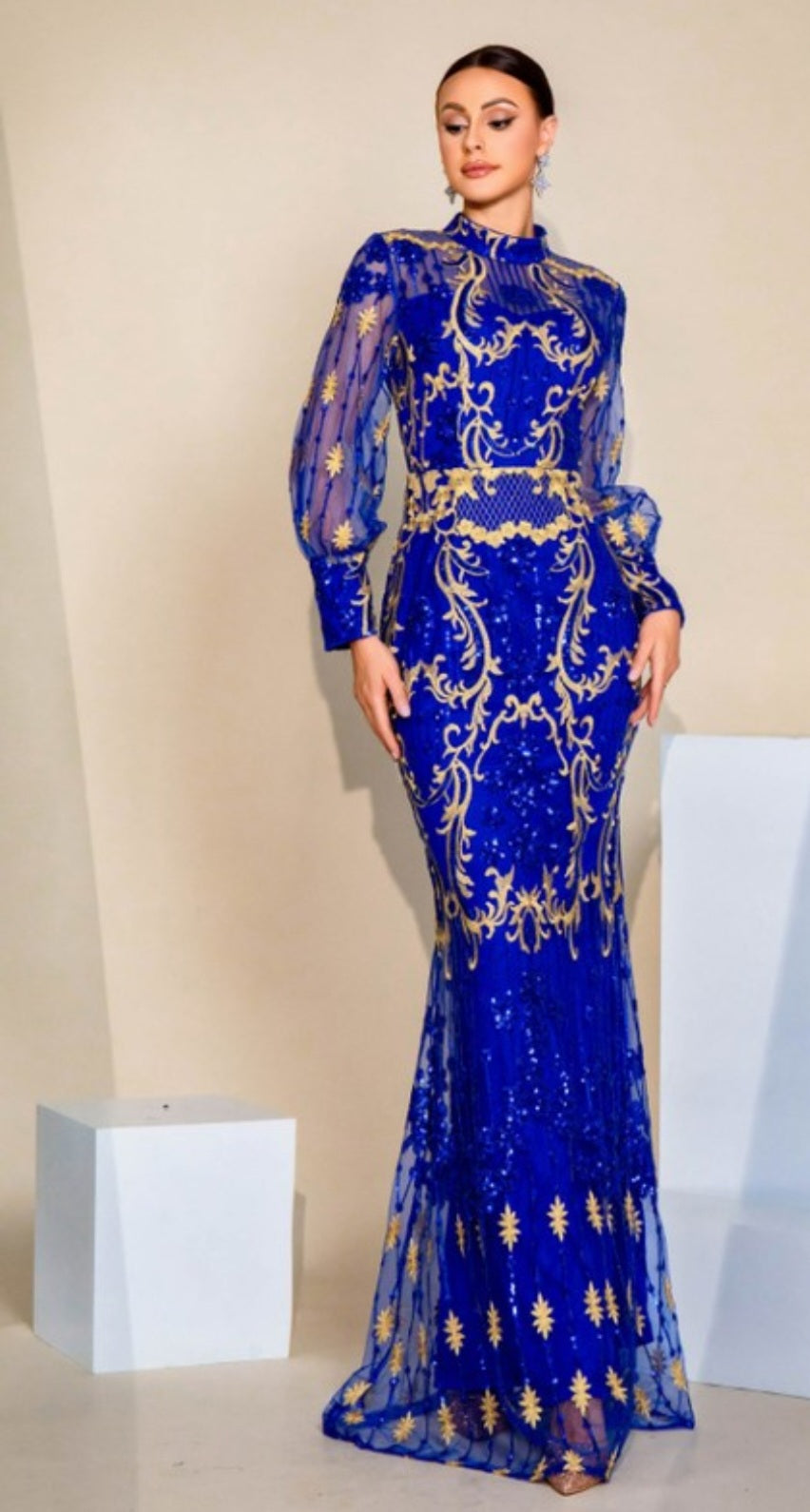LONG SLEEVE MOCK NECK LACE GOWN
