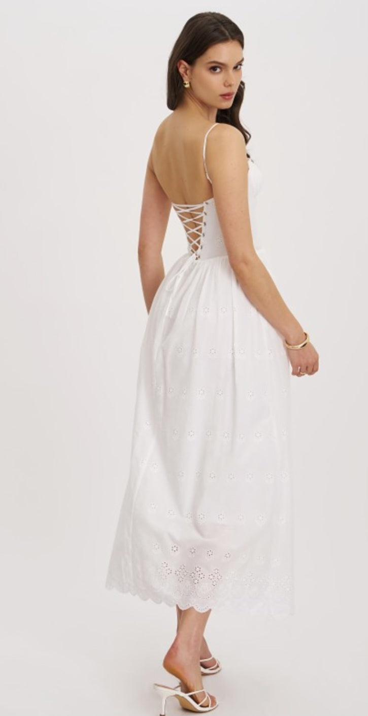 MISS CIRCLE OBERON COTTON EYELET LACE UP BACK MAXI DRESS