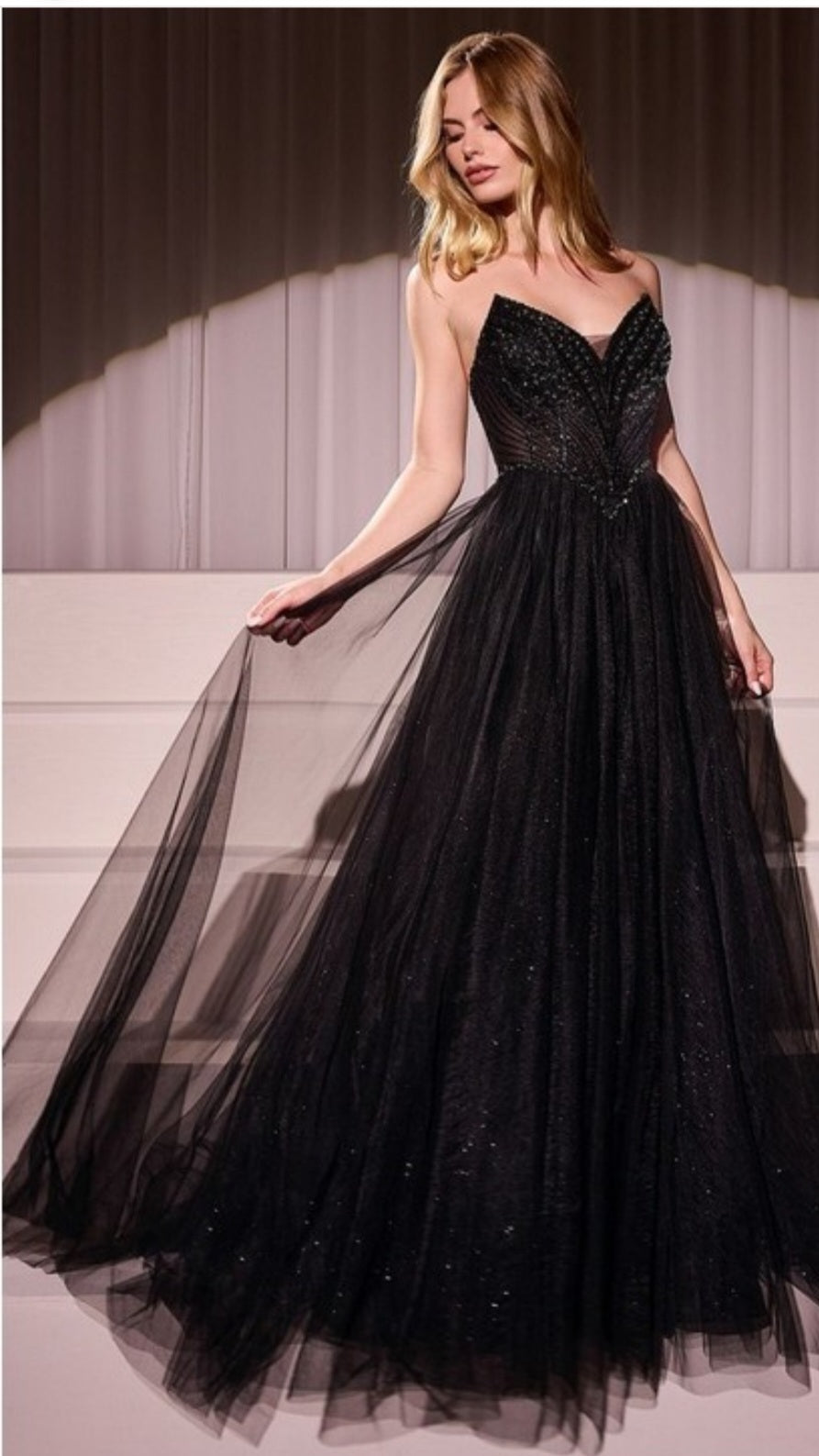 STRAPLESS BEADED TULLE GOWN