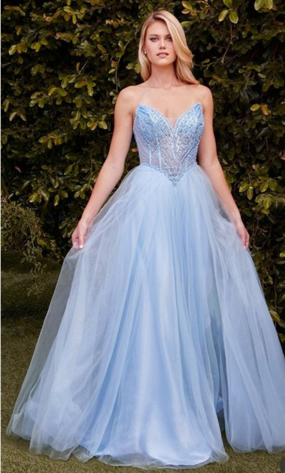 STRAPLESS BEADED TULLE GOWN
