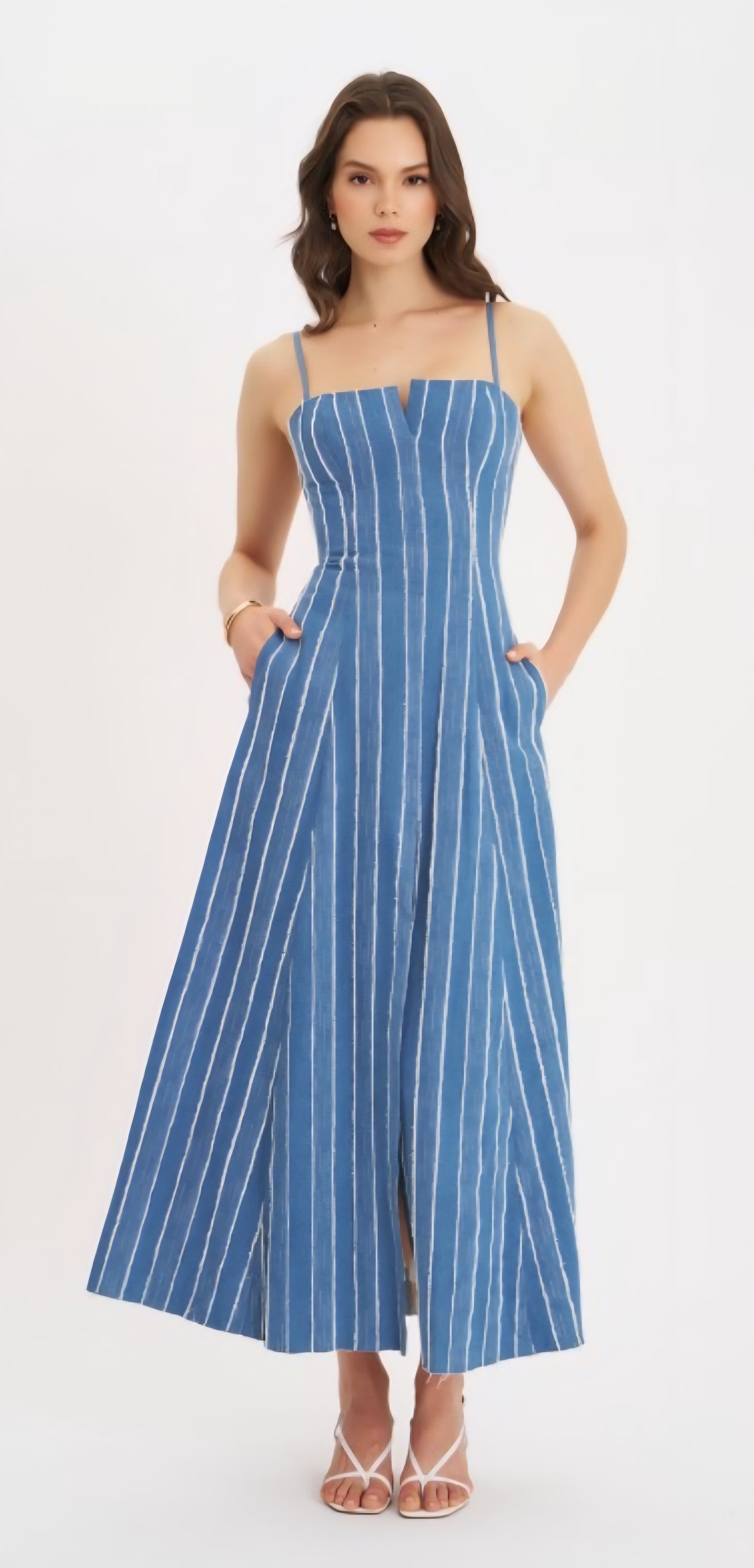 MISS CIRCLE ABYGAIL STRIPED COTTON DENIM MAXI DRESS