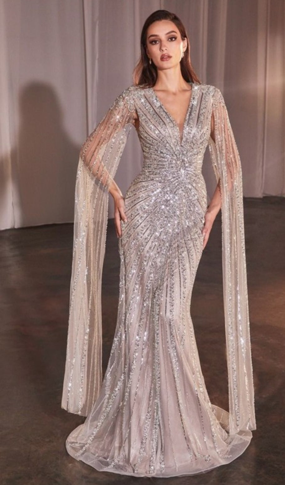 BEADED FITTED GOWN WITH CAPE SLEEVES