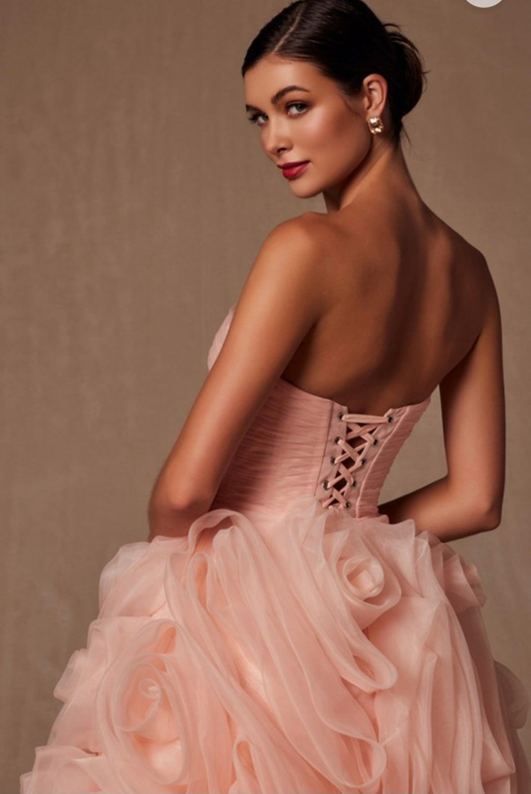 STRAPLESS ROSETTE RUFFLE GOWN