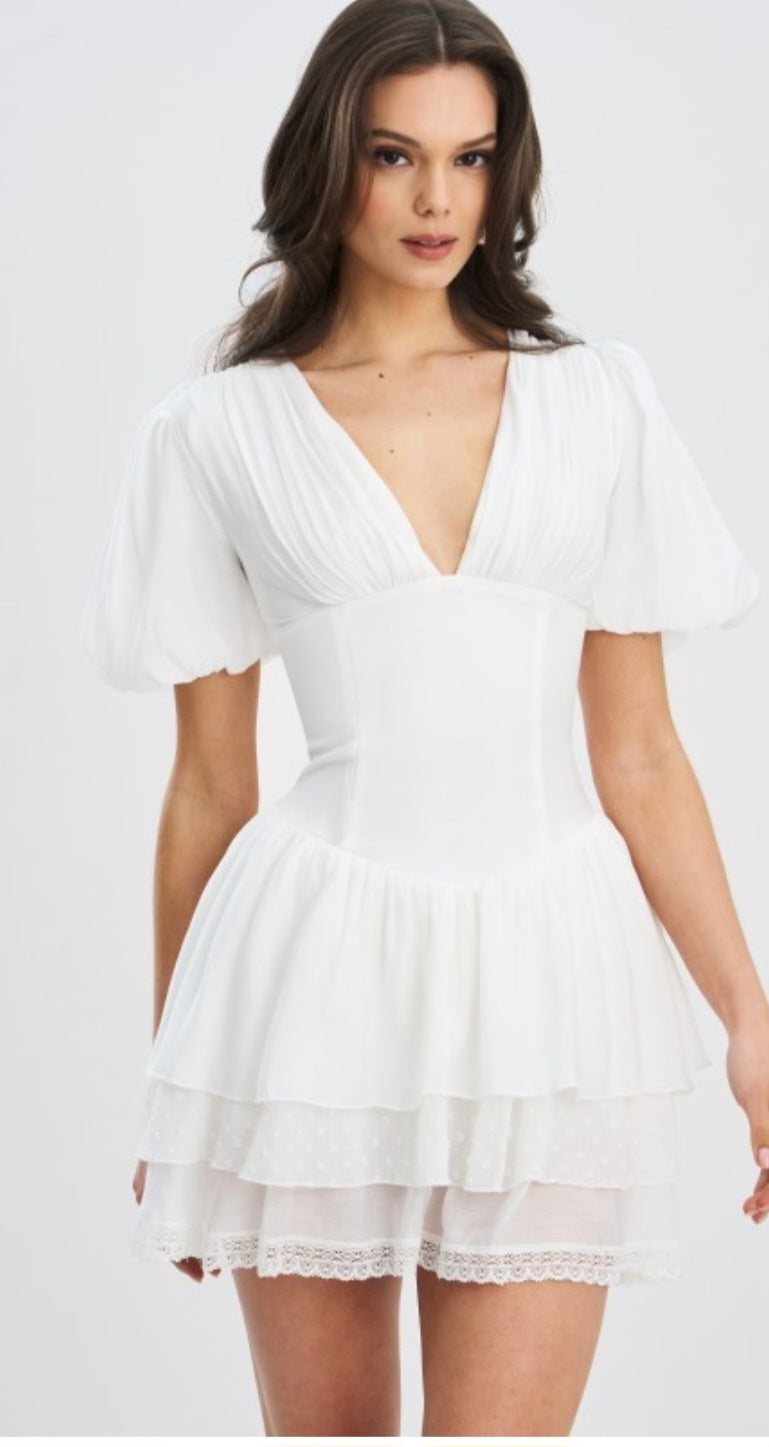 MISS CIRCLE CAITLYN BUBBLE SLEEVE TIERED MINI CORSET DRESS