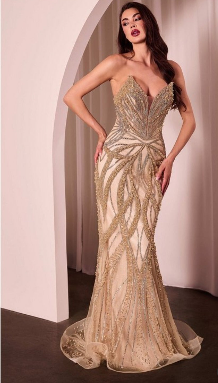 PEARL AND CRYSTAL STRAPLESS FITTED GOWN