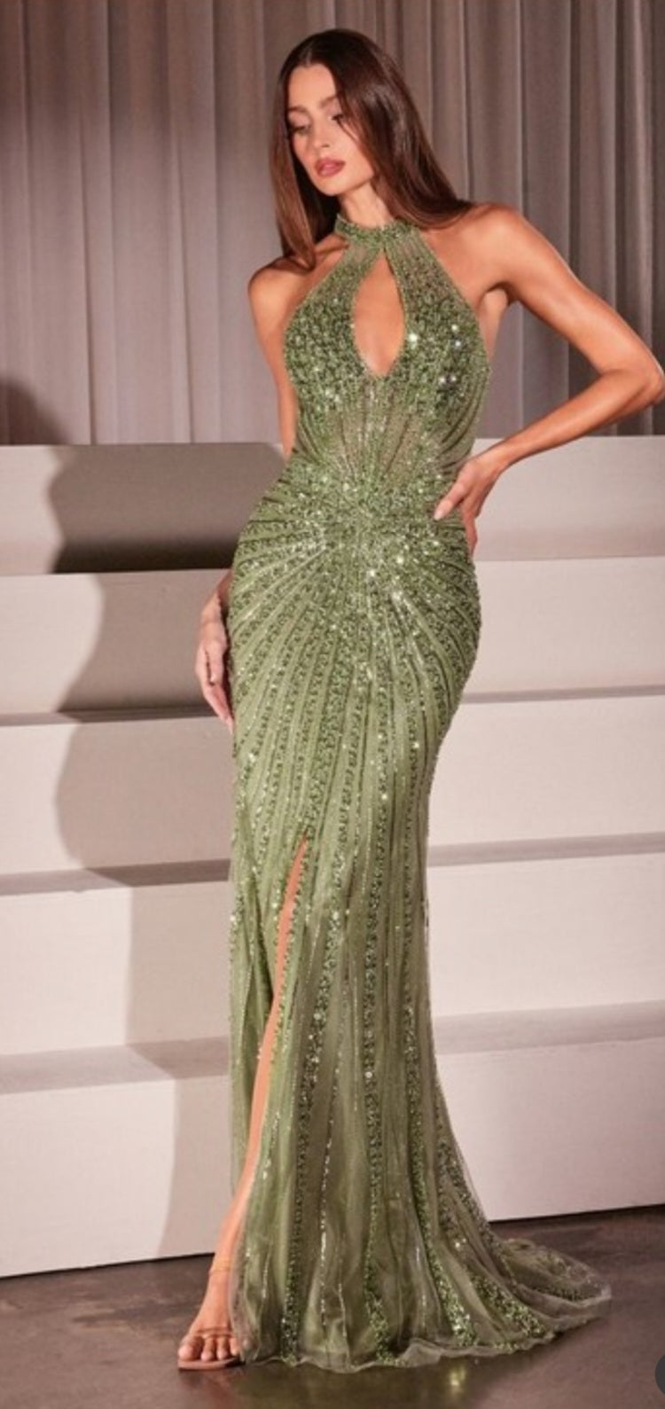 SEQUIN EMBELLISHED HALTER FITTED GOWN