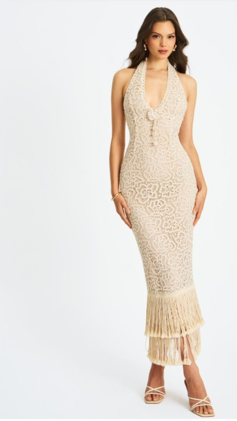 MISS CIRCLE FAELYN DOUBLE FRINGE CROCHET MAXI DRESS
