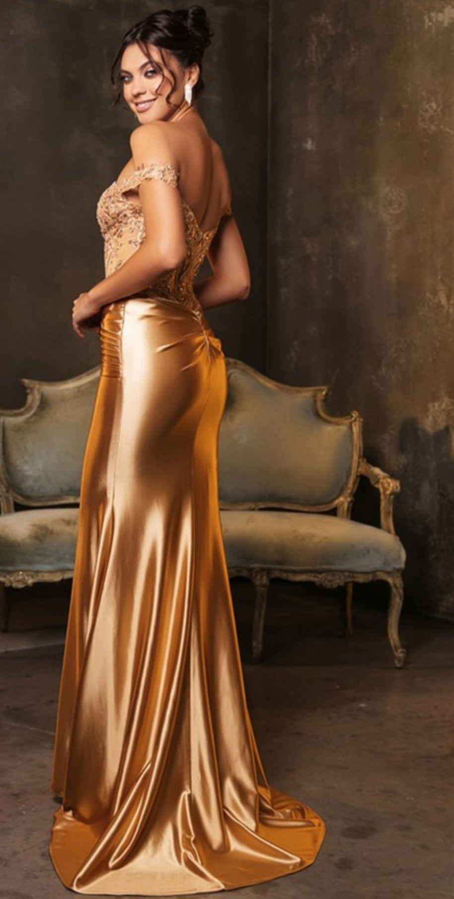 OFF THE SHOULDER LACE ILLUSION SATIN GOWN
