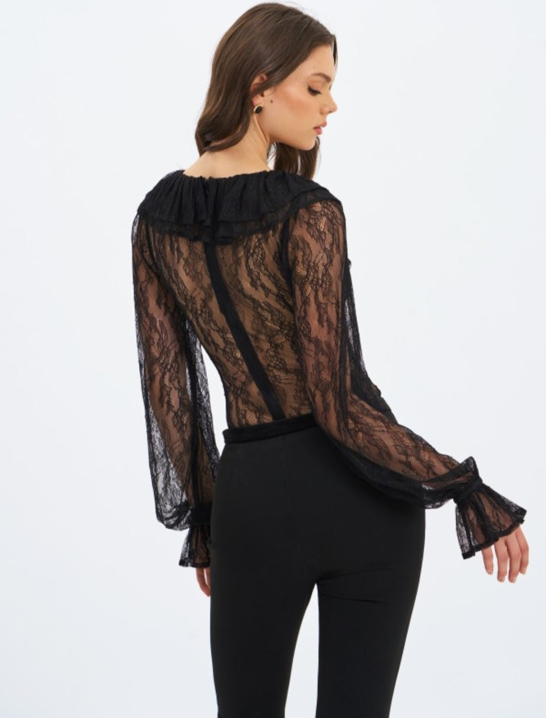 MISS CIRCLE TALIAH SHEER LACE RUFFLE COLLAR BODYSUIT
