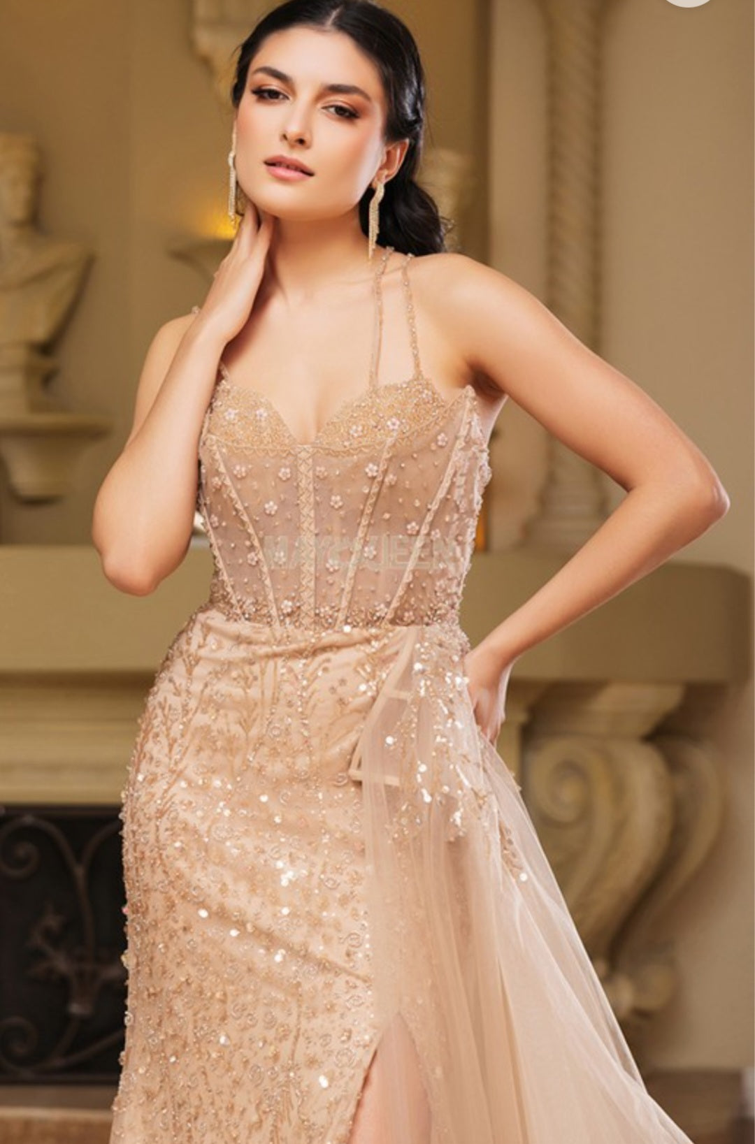 SLEEVELESS BEADED DRAPE SHEATH GOWN