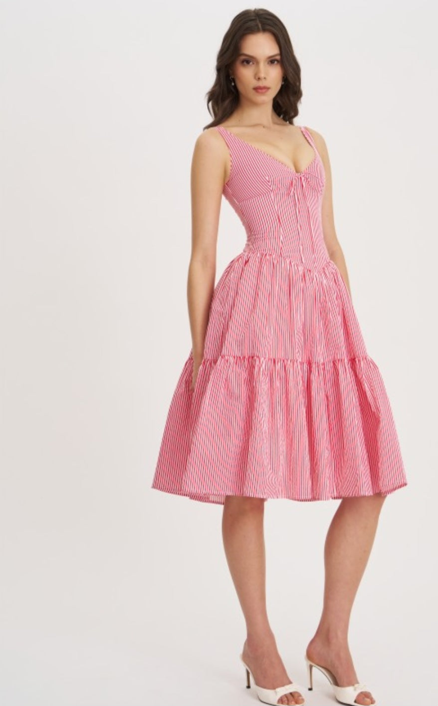 MISS CIRCLE OCEANA STRIPED DROP WAIST MIDI DRESS