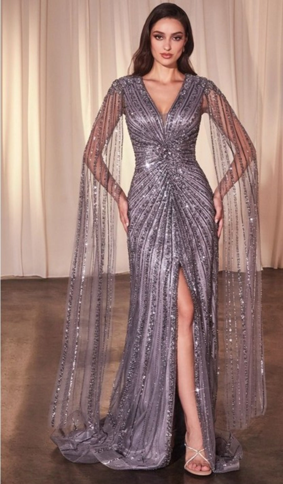 BEADED FITTED GOWN WITH CAPE SLEEVES