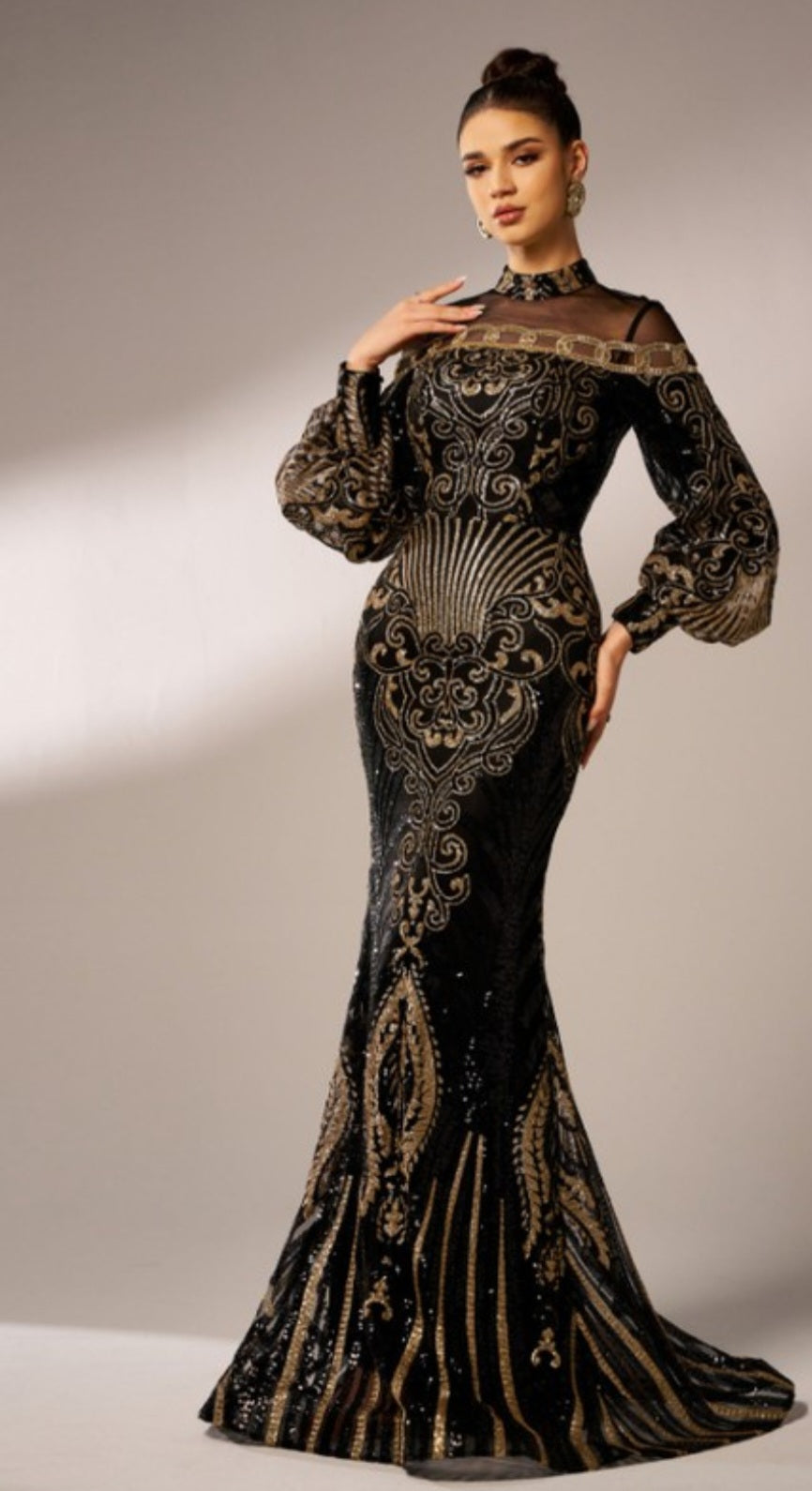 LONG SLEEVE MOCK NECK SEQUIN GOWN