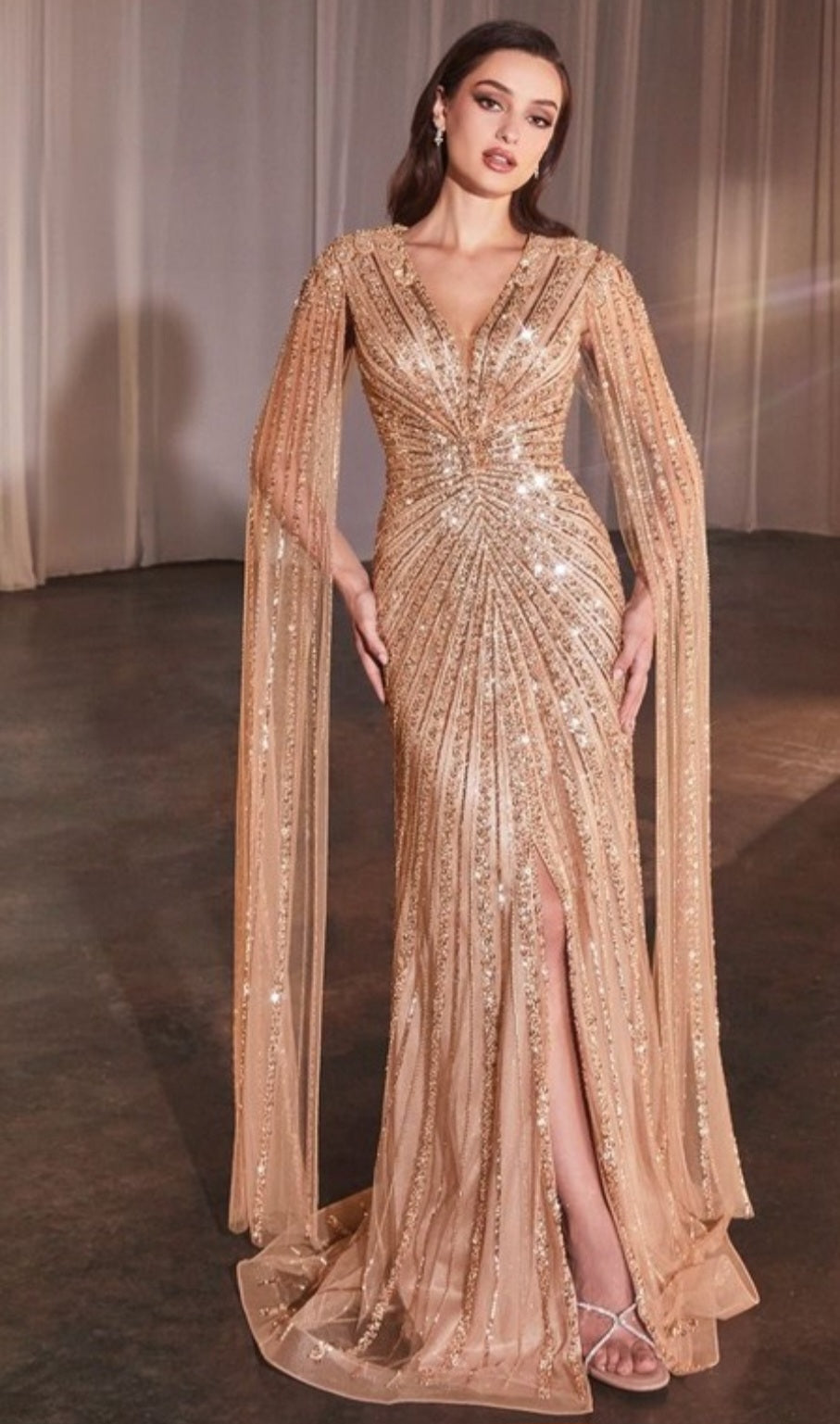 BEADED FITTED GOWN WITH CAPE SLEEVES
