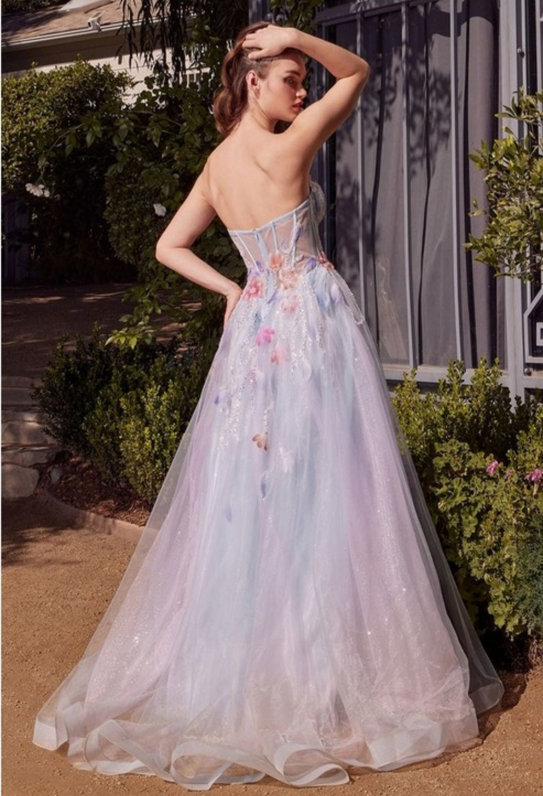 WATERCOLOR FLORAL STRAPLESS GOWN