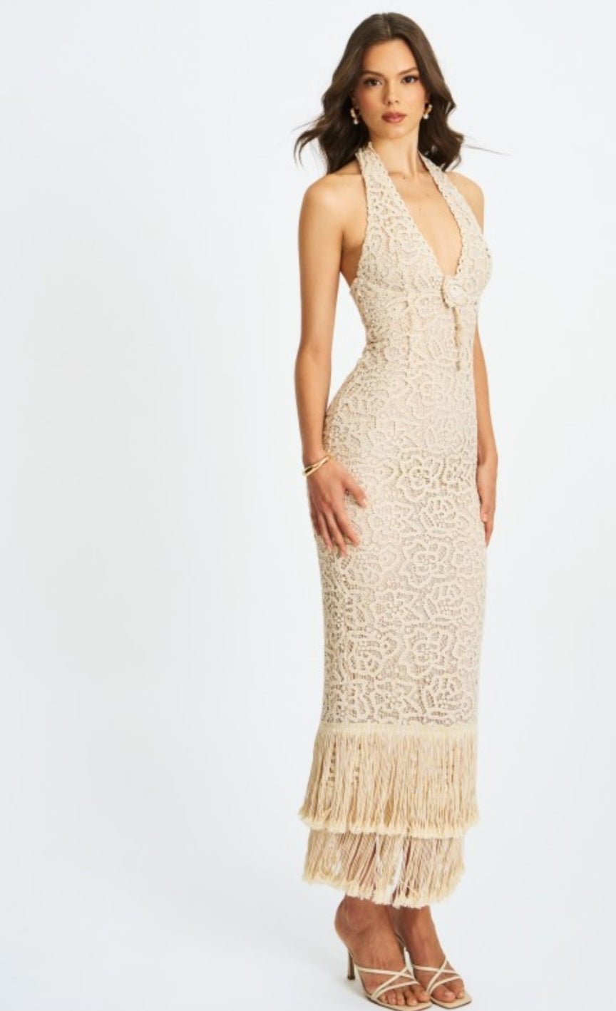 MISS CIRCLE FAELYN DOUBLE FRINGE CROCHET MAXI DRESS