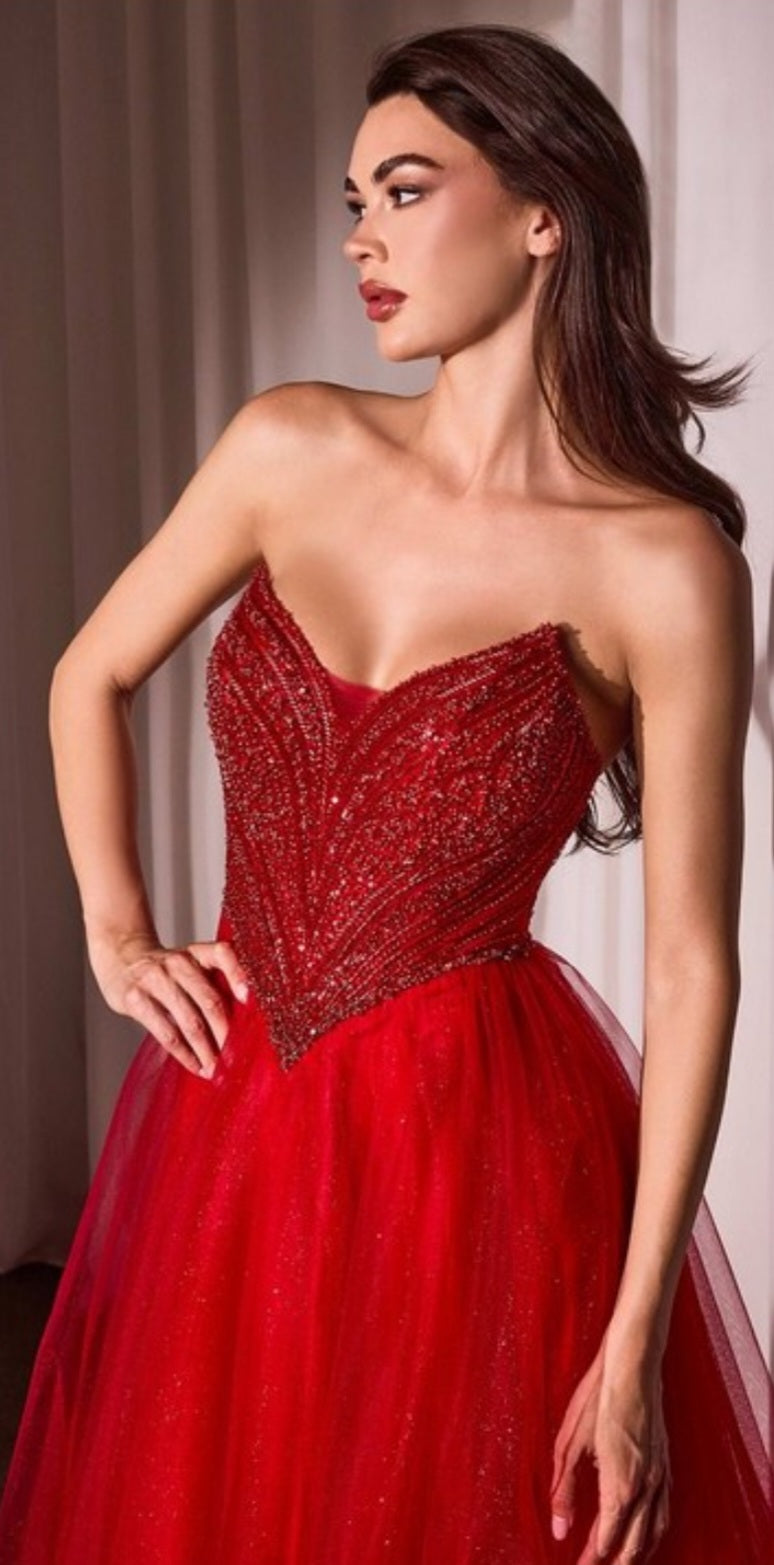 STRAPLESS BEADED TULLE GOWN