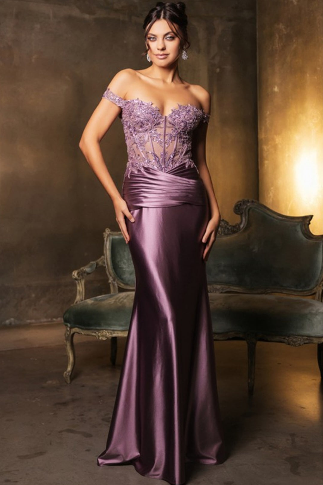 OFF THE SHOULDER LACE ILLUSION SATIN GOWN