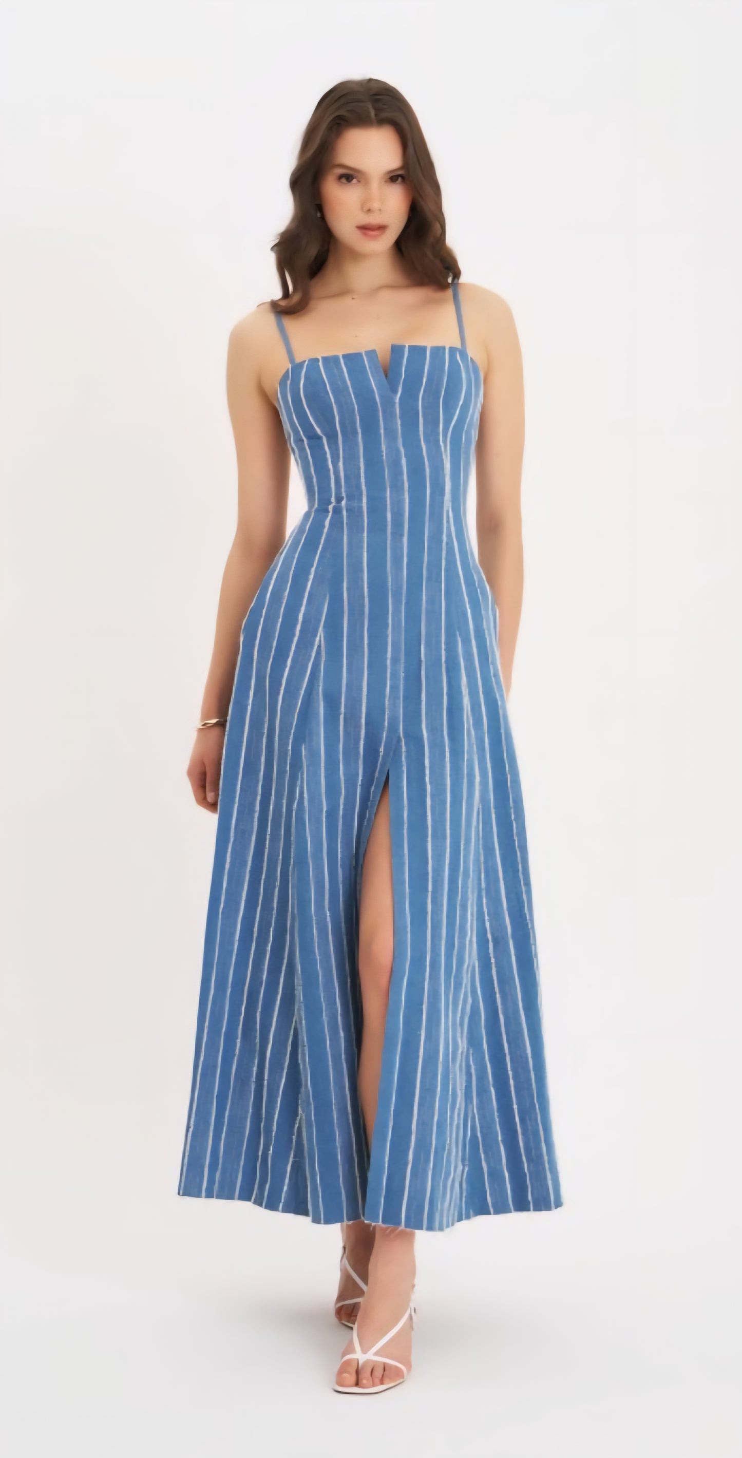 MISS CIRCLE ABYGAIL STRIPED COTTON DENIM MAXI DRESS