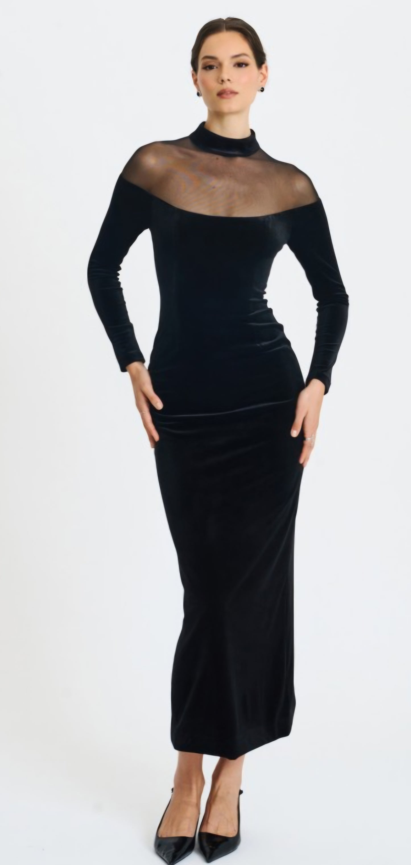 MISS CIRCLE BLAIR SHEER MOCK NECK MAXI DRESS