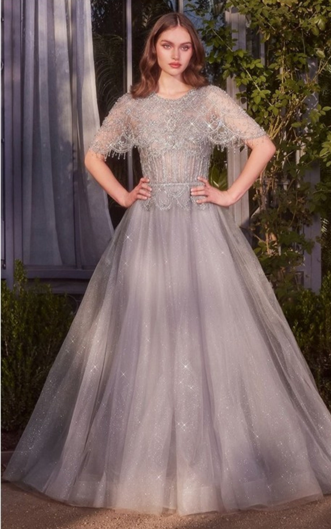 CAPELET CRYSTAL BEADED GOWN