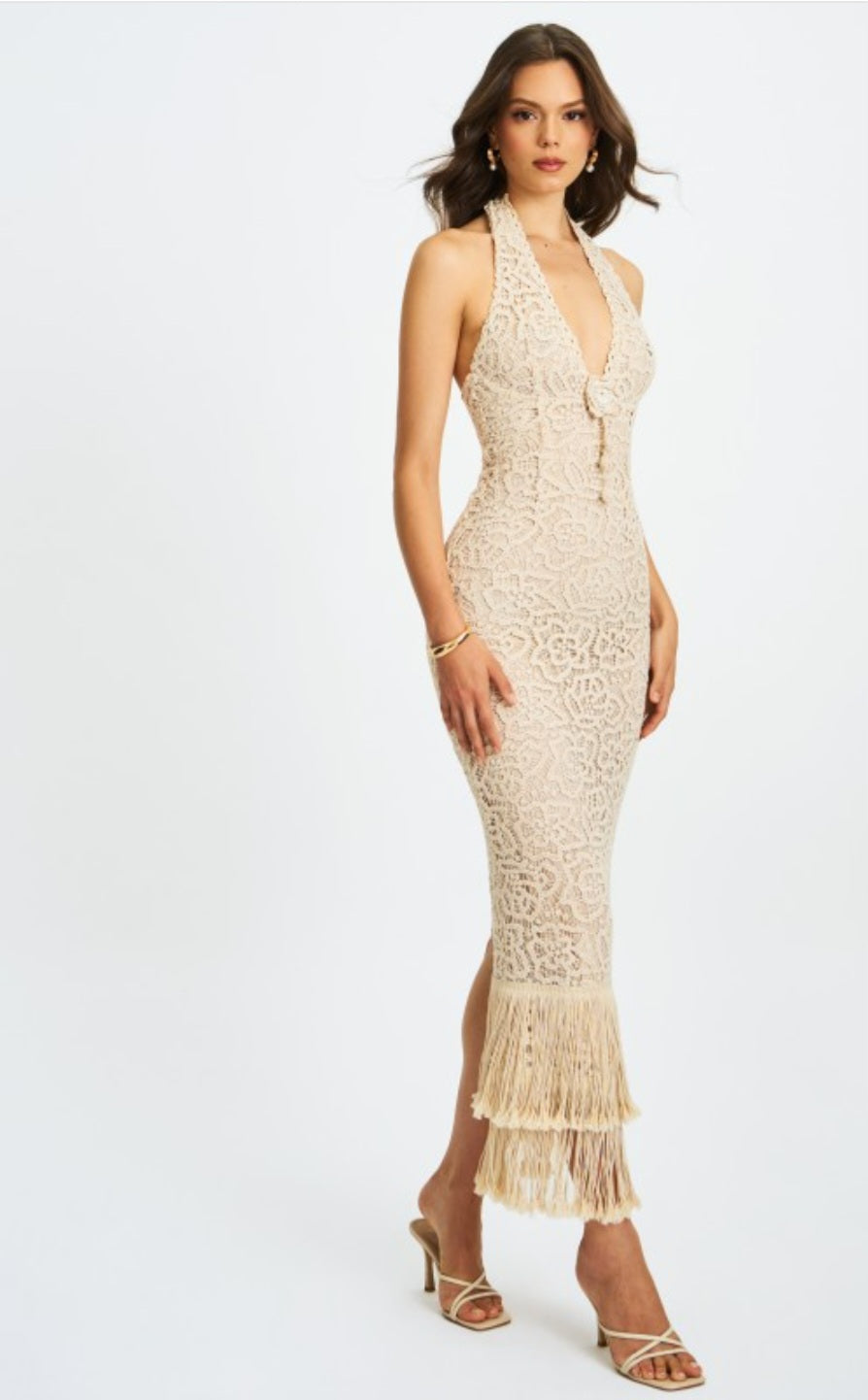 MISS CIRCLE FAELYN DOUBLE FRINGE CROCHET MAXI DRESS