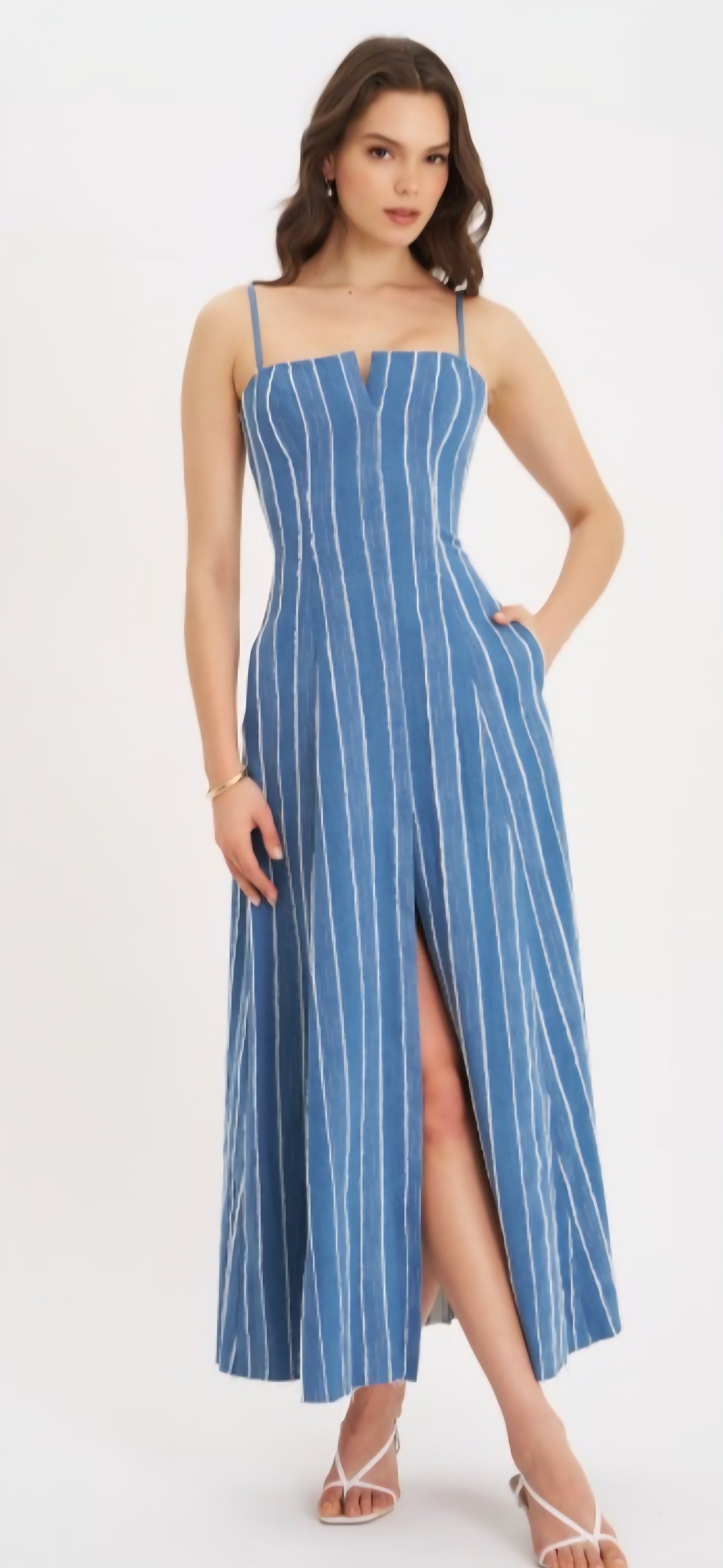 MISS CIRCLE ABYGAIL STRIPED COTTON DENIM MAXI DRESS