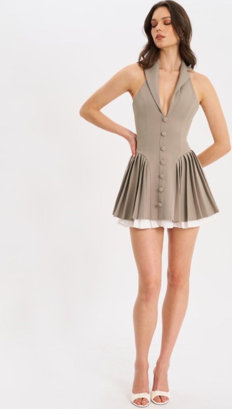 MISS CIRCLE HAZEL HALTER PLEATED MINI DRESS