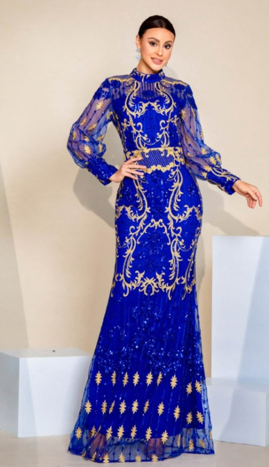 LONG SLEEVE MOCK NECK LACE GOWN