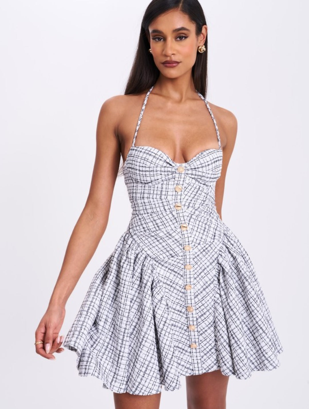 MISS CIRCLE MELODY PLAID TWEED HALTER DRESS
