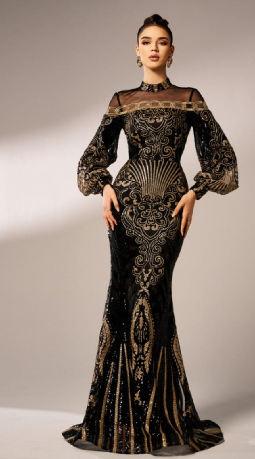 LONG SLEEVE MOCK NECK SEQUIN GOWN