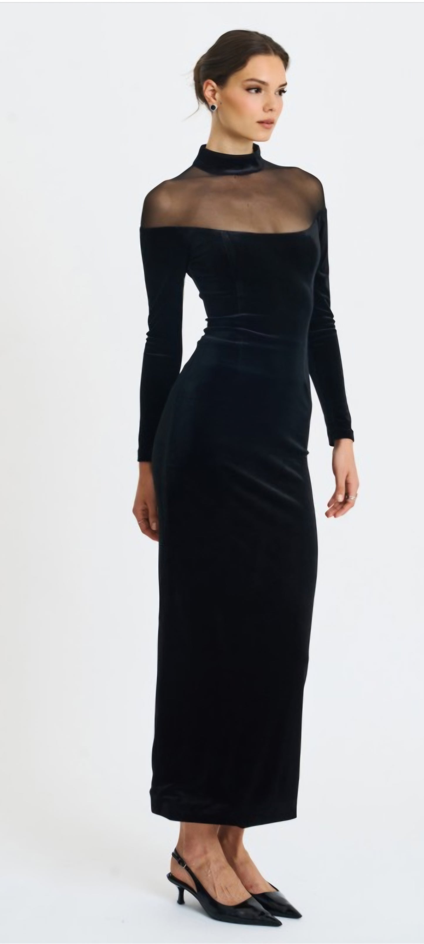 MISS CIRCLE BLAIR SHEER MOCK NECK MAXI DRESS