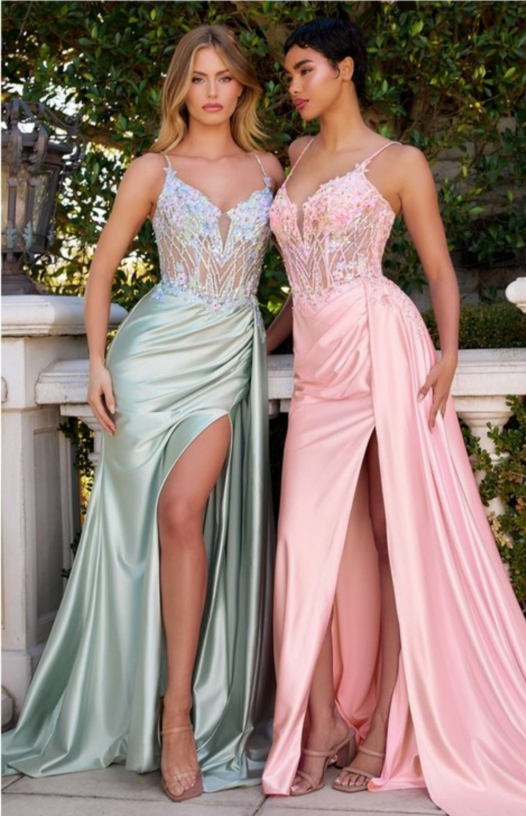 FLORAL BEADED SATIN GOWN