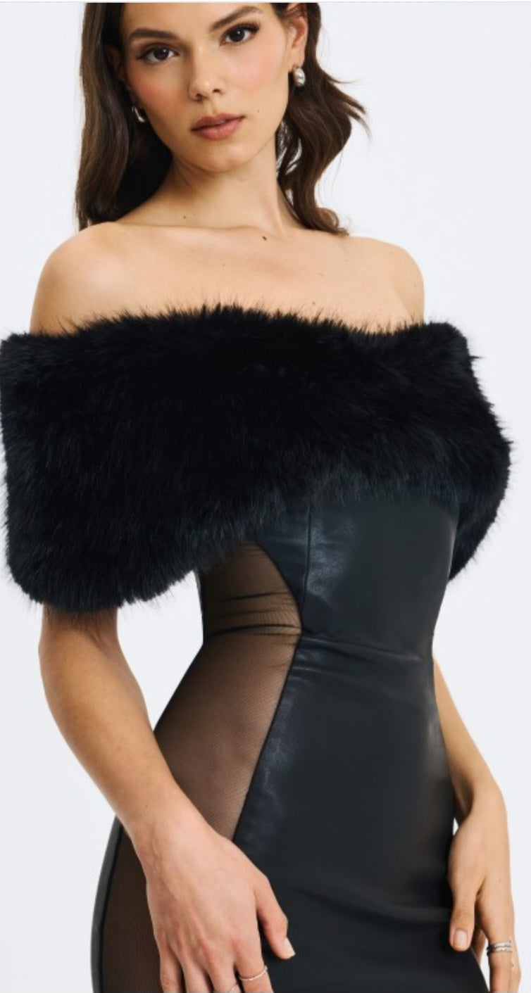 MISS CIRCLE BELLIS FUR TRIMMED MESH OFF THE SHOULDER MIDI DRESS