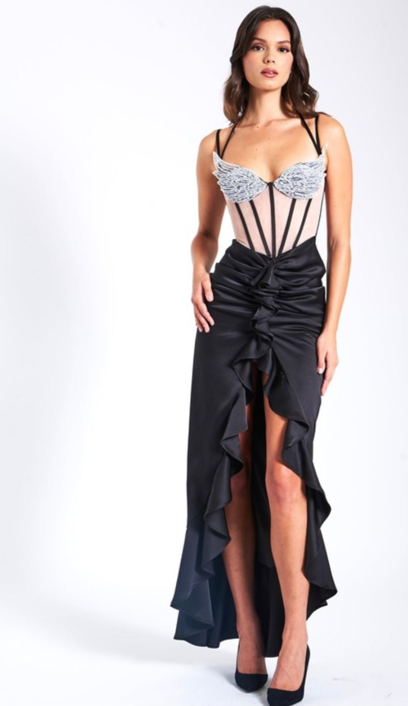 MISS CIRCLE RAFAELA SATIN CORSET WING CUP DRESS
