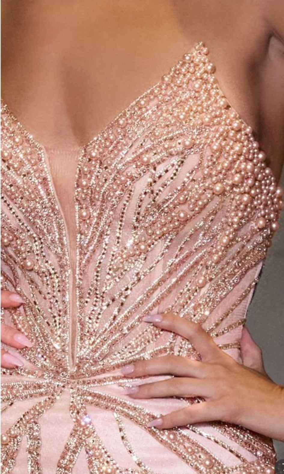PEARL AND CRYSTAL STRAPLESS FITTED GOWN
