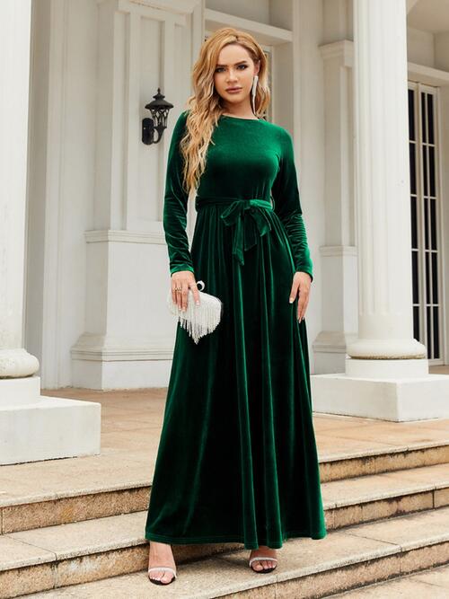 TIE FRONT ROUND NECK LONG SLEEVE MAXI DRESS