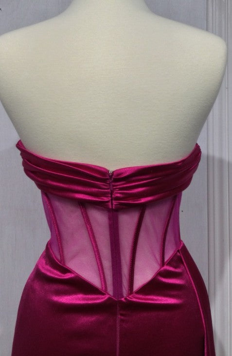 STRAPLESS MESH CORSET AND SATIN DRESS