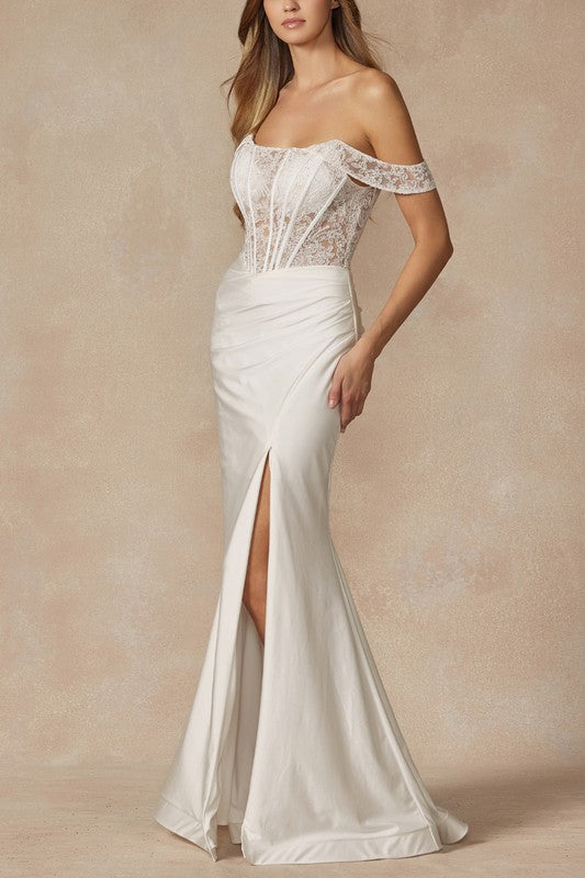 LACE OFF THE SHOULDER CORSET GOWN