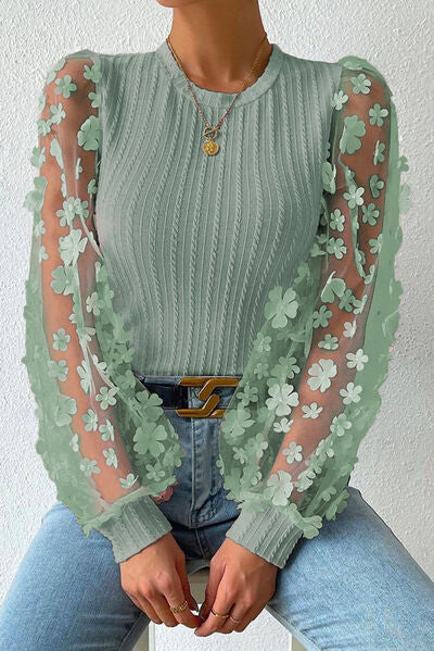 DOUBLE TAKE TEXTURED APPLIQUE LONG SLEEVE BLOUSE