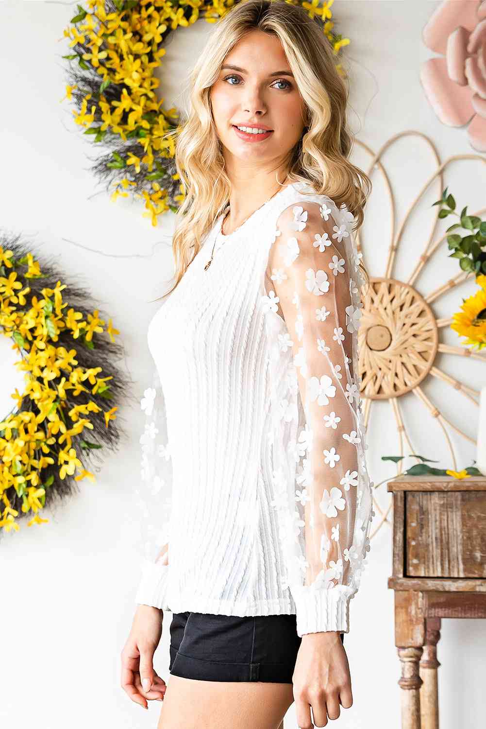 DOUBLE TAKE TEXTURED APPLIQUE LONG SLEEVE BLOUSE