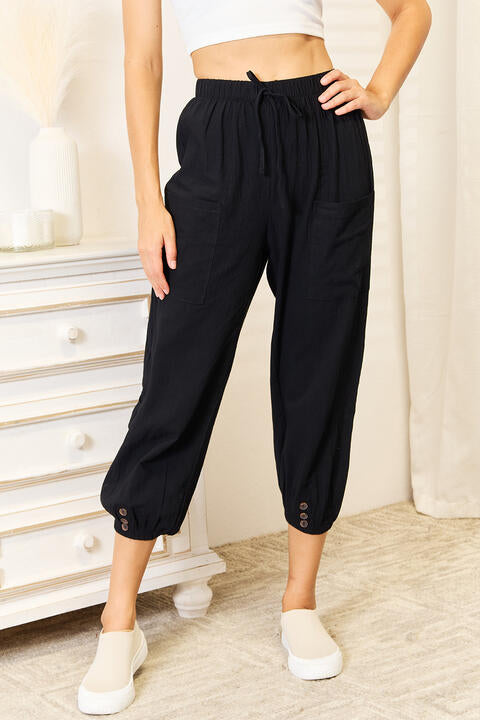 DOUBLE TAKE DECORATIVE BUTTON CROPPED PANTS