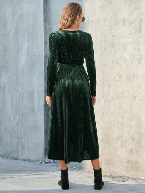 TIE FRONT LONG SLEEVE SLIT DRESS