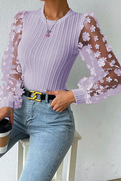 DOUBLE TAKE TEXTURED APPLIQUE LONG SLEEVE BLOUSE