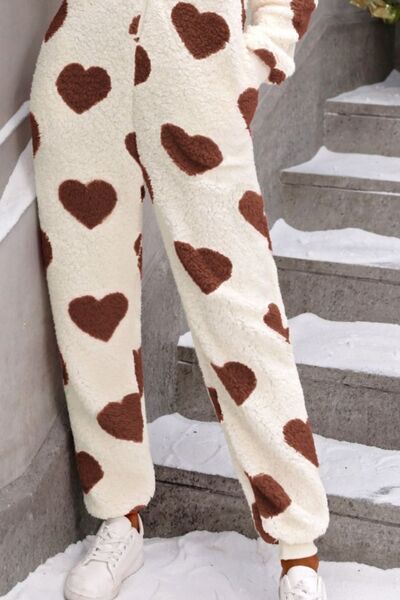 FUZZY HEART ZIP UP HOODED LOUNGE JUMPSUIT