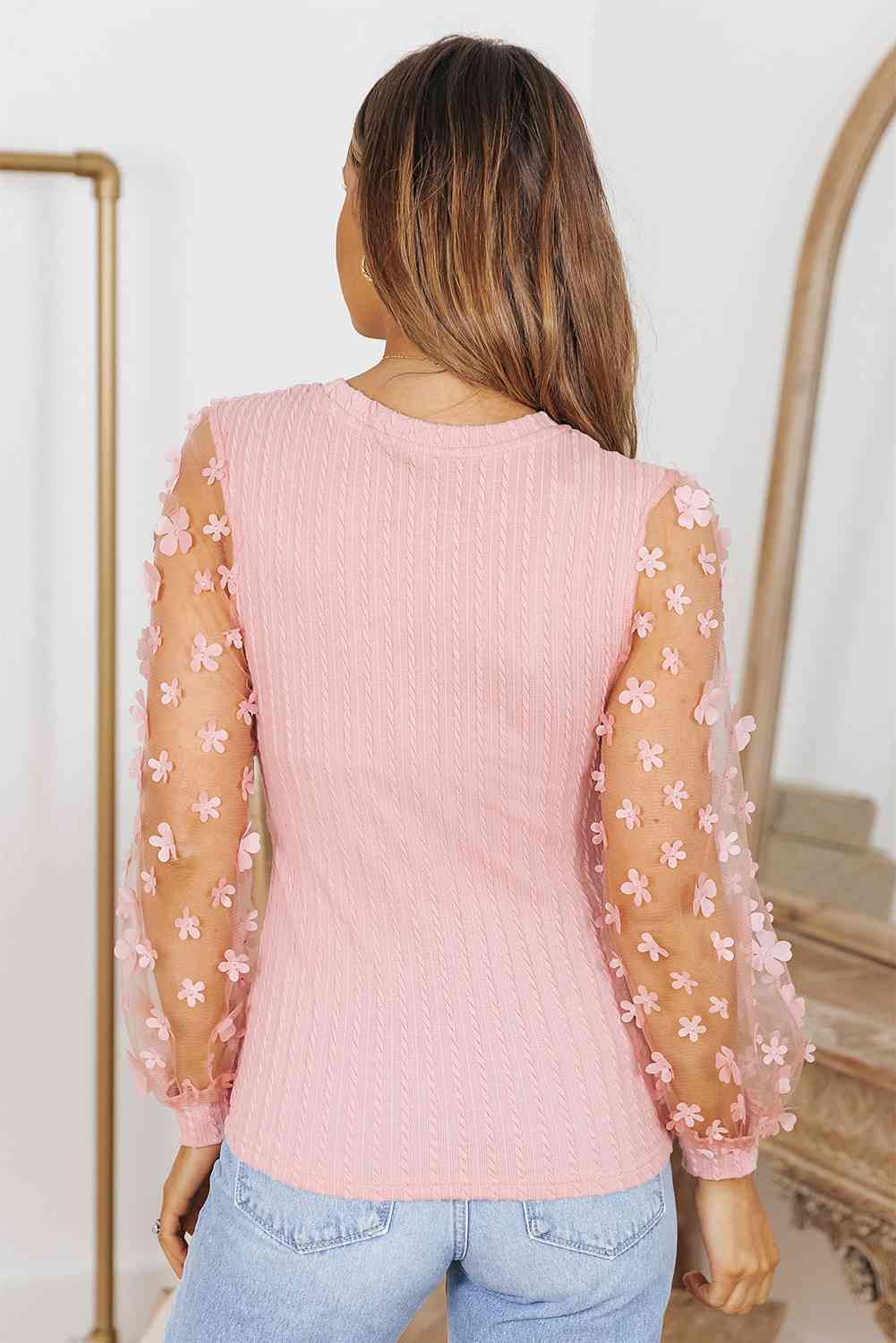 DOUBLE TAKE TEXTURED APPLIQUE LONG SLEEVE BLOUSE