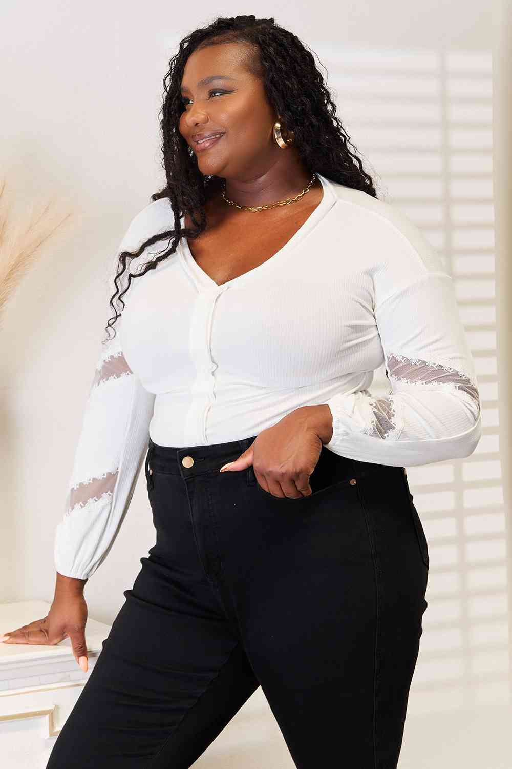 DOUBLE TAKE V NECK DROP SHOULDER BLOUSE