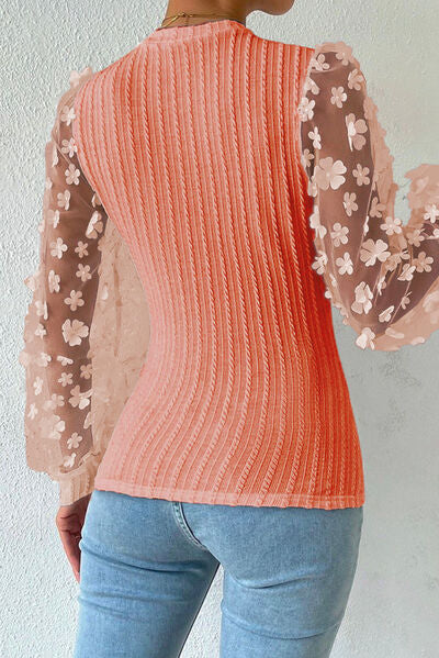 DOUBLE TAKE TEXTURED APPLIQUE LONG SLEEVE BLOUSE